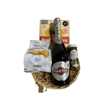 Cesta Brindis Especial CAN-1010: cesto navideño con vino espumoso, jamón serrano Real Ibérico, aceitunas y galletas