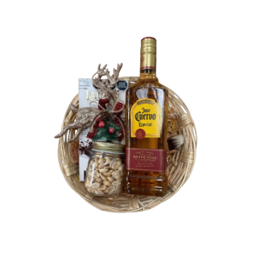 Cesta Festiva Tequilera CAN-1028: cesto navideño con tequila reposado, frascos de cacahuate y almendra y chocolate 70% cacao