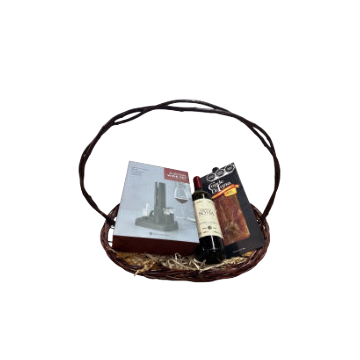 Arcón Set Vinícola Español CAN-1052: arcón de mimbre con destapador de vino eléctrico, vino tinto español y jamón serrano