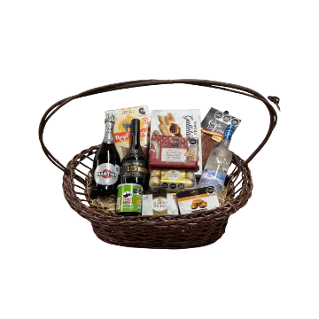 Arcón Gourmet con Vodka, Vino y Productos Finos CAN-1062: arcón grande con vodka, vino espumoso, brandy, chocolates y jamón serrano