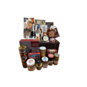 Baúl Gourmet con Destapador Eléctrico y Delicias Internacionales CAN-1064: baúl con whisky, tequila, vodka, set de vino y conservas gourmet