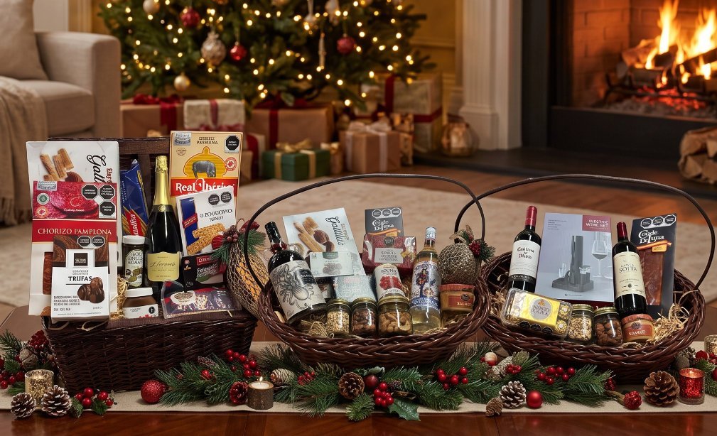 Baúl y arcones navideños de Canastas Navideñas México con vinos, espumoso, jamón serrano, chorizo Pamplona, chocolates y set de destapador eléctrico frente a un árbol de Navidad y una chimenea